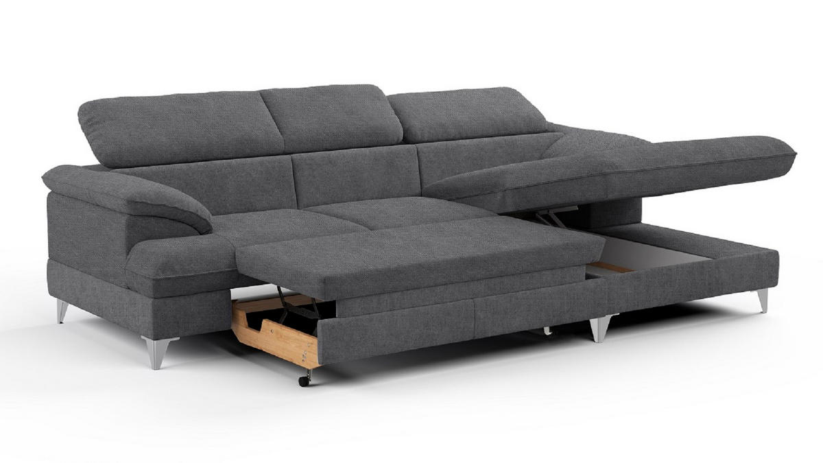 ECKSOFA mit Schlaffunktion und Bettkasten, verstellbare Kopfstützen - Chromfarben/Dunkelgrau, Textil/Metall (167/254cm) - Cotta