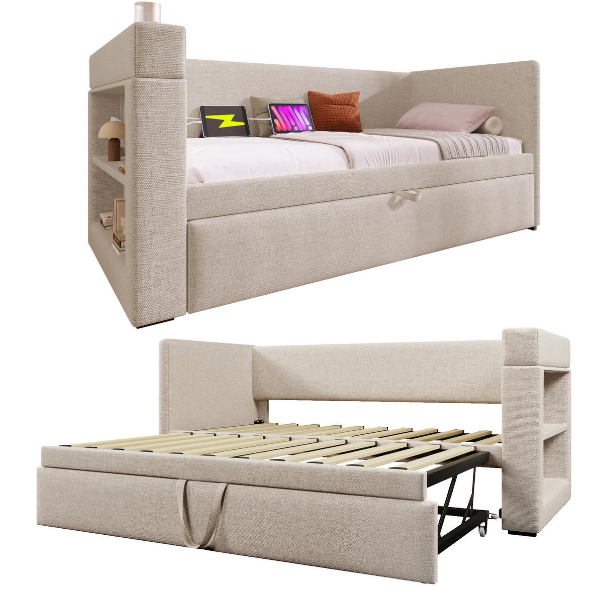 ROZKLÁDACÍ postel 90/190 cm béžová z bavlny a lnu s výsuvným lůžkem a USB nabíjením - béžová, textil (90/190cm) - OKWISH