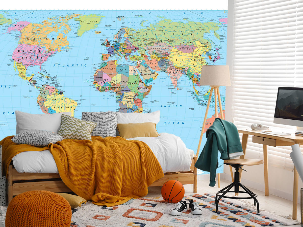 FOTOTAPETE für Wohnzimmer Politische Weltkarte Kontinente 200x140 - Gelb/Rosa, Papier (200/140cm) - Muralo