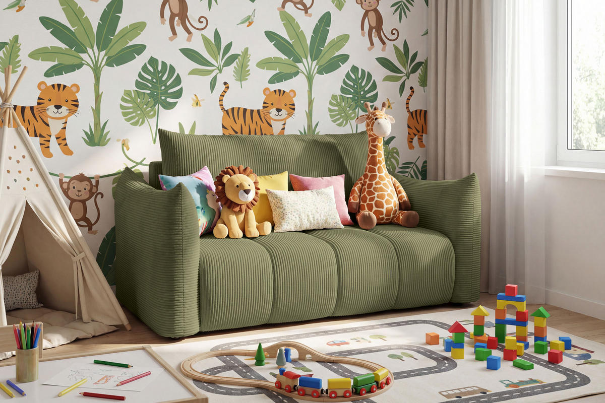 SCHLAFSOFA Lilo mit Bettkasten, Hellgrün Cordstoff 120/86/101 cm - Schwarz/Hellgrün, Kunststoff/Textil (120/86/101cm) - WFL GROUP
