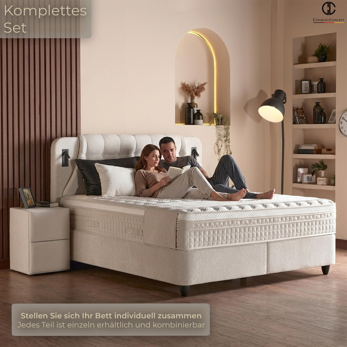 BOXSPRINGBETT MIT BETTKASTEN OSLO 160/200 cm, Ivory, Bettkasten, Matratze, Topper integriert, H3 mittel 7-Zonen Matratze - Creme/Schwarz, Holz/Kunststoff (160/200cm) - Consilio Concept