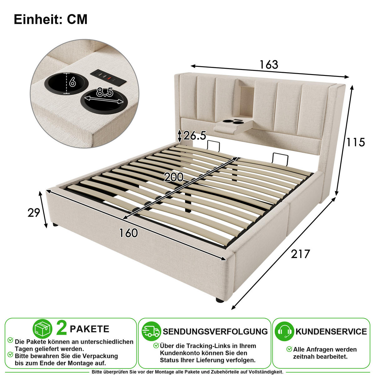 POLSTERBETT 160/200 cm in Beige mit Stauraum, USB, Type-C und Becherhalter Leinen - Beige, Holzwerkstoff/Textil (160/200cm) - CHICFURN