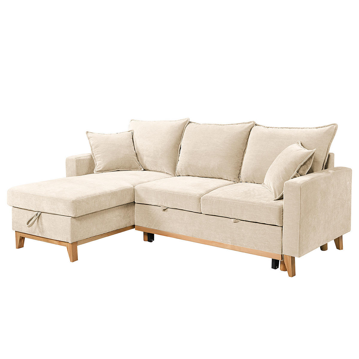 ECKSOFA mit Schlaffunktion - Flachgewebe - Hellbraun/Beige, Holz/Textil (214/145cm) - home24