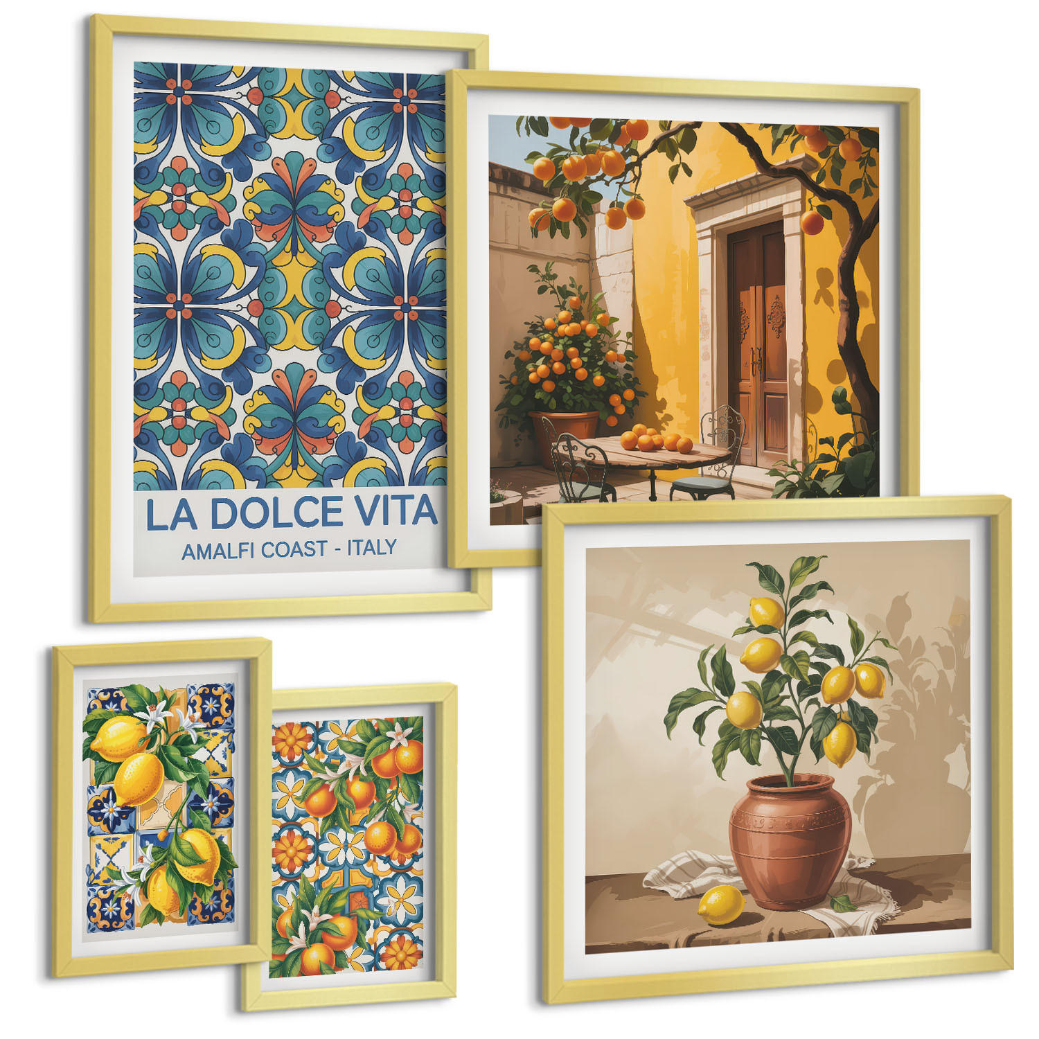 BILDER SET 5er Set - 50x50 cm & 20x30 cm & 40x60 cm Goldrahmen - Zitronen, Blumen, Orangen, Italien - Goldfarben, Kunststoff (40/60cm) - TULUP