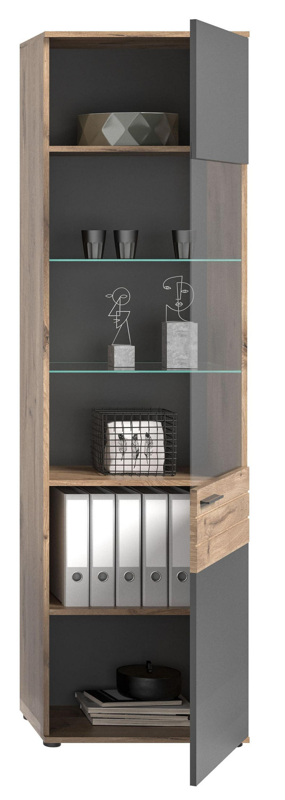 VITRINE MASON (B/H/T: ca. 57/200/37 cm) in Nox Oak Nachbildung/Basalt grau - Eichefarben, Holzwerkstoff (57/200/37cm)