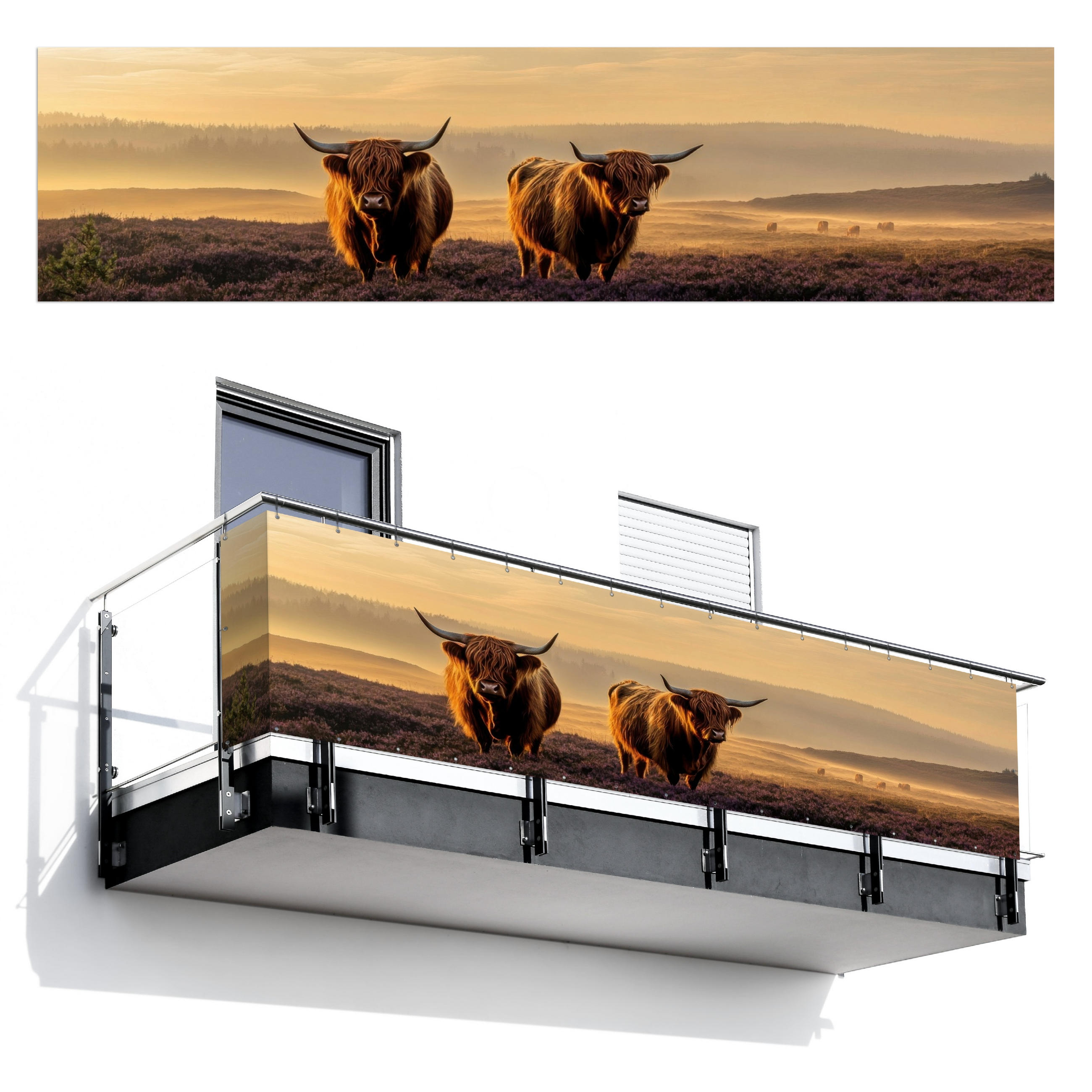BALKON-SICHTSCHUTZ Schottische Hochlandbewohner - Heide - Landschaft - Tiere - Cognac, Kunststoff (500/130cm) - MuchoWow