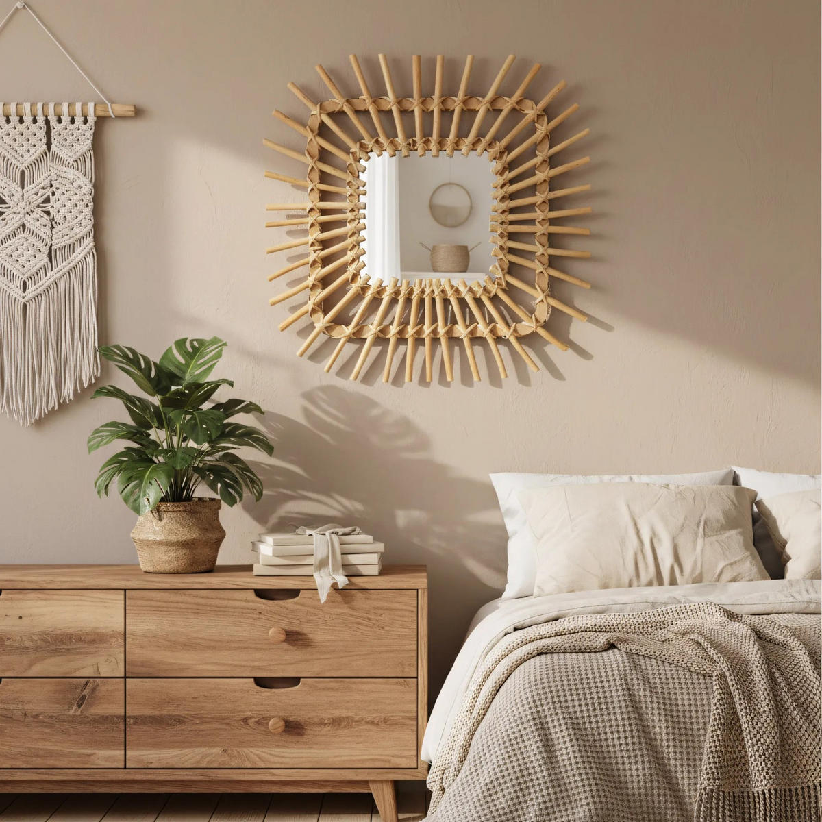 BOHO-WANDSPIEGEL Rea 45cm Qdj071 - Beige, Glas (45/2.5/45cm) - REA