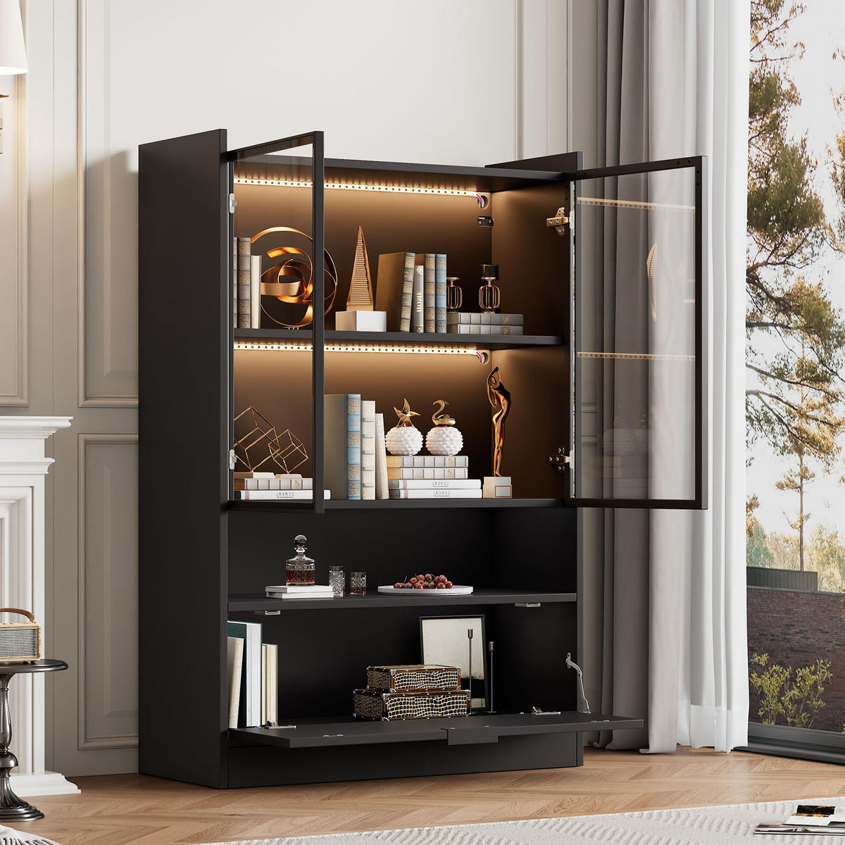 VITRINE 35/80/120 cm schwarz matt aus Spanplatte mit Glas und LED - Schwarz, Holzwerkstoff (80/120/35cm) - OKWISH