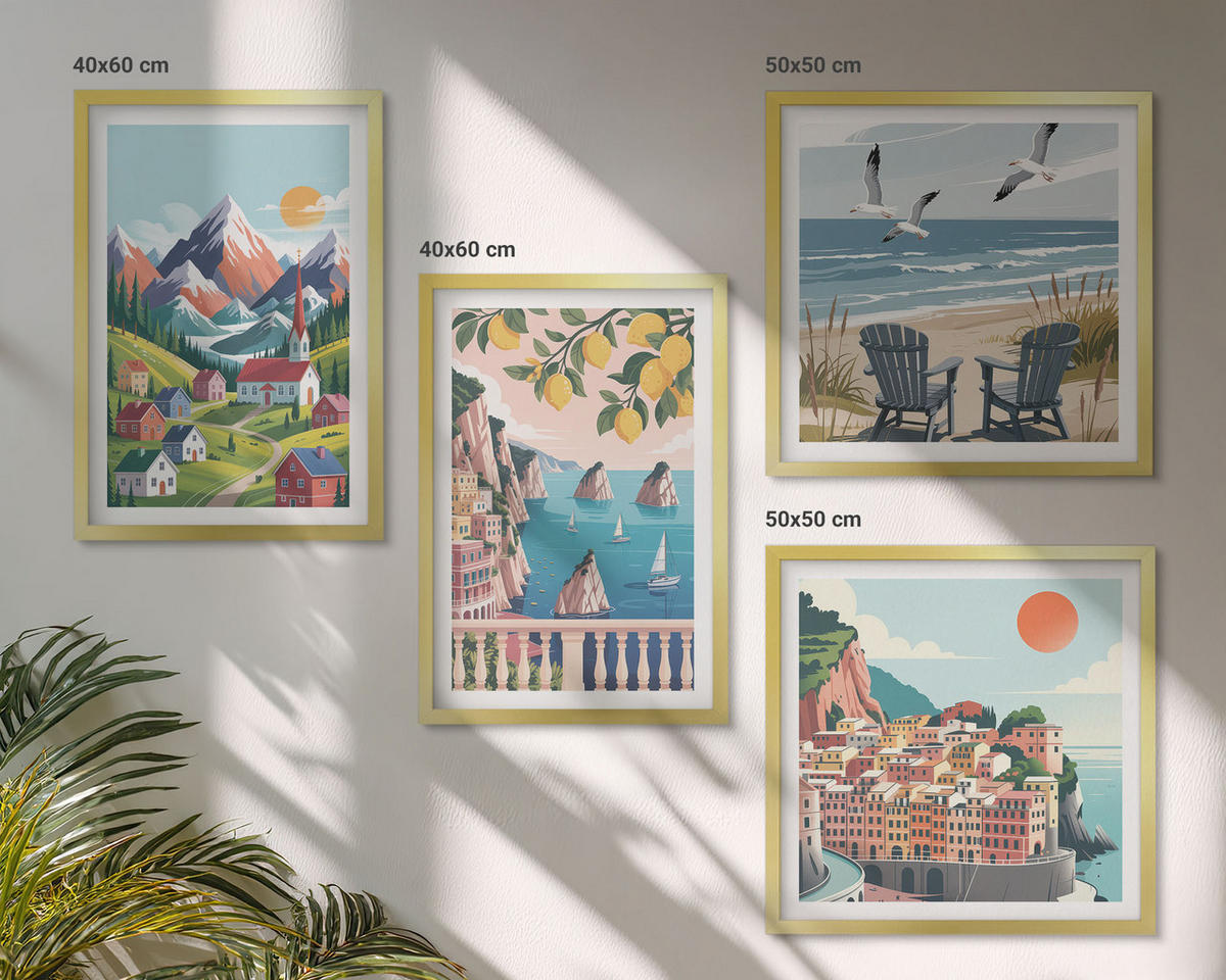 BILDER SET 4er Set - 50x50 cm & 40x60 cm Goldrahmen - Farbenfrohe Berge und Küstenstädte - Goldfarben, Kunststoff (50/50cm) - TULUP