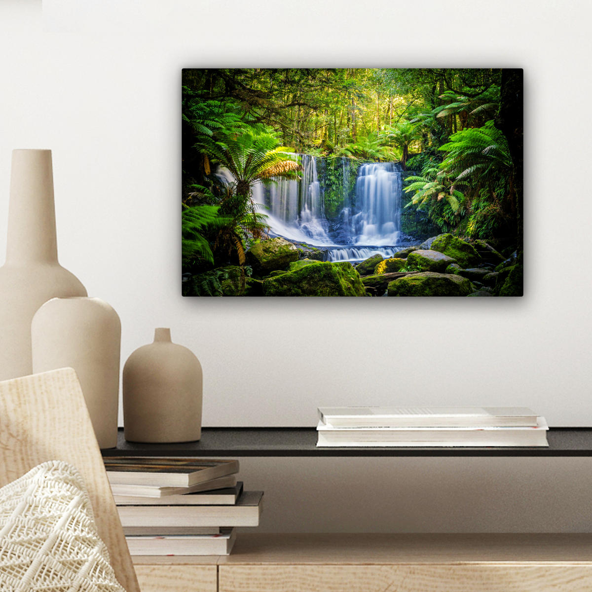 LEINWANDBILD Dschungel - Wasserfall - Australien - Pflanzen - Natur Deko Schlafzimmer 30x20 cm - Dunkelgrün, Textil (30/20cm) - MuchoWow