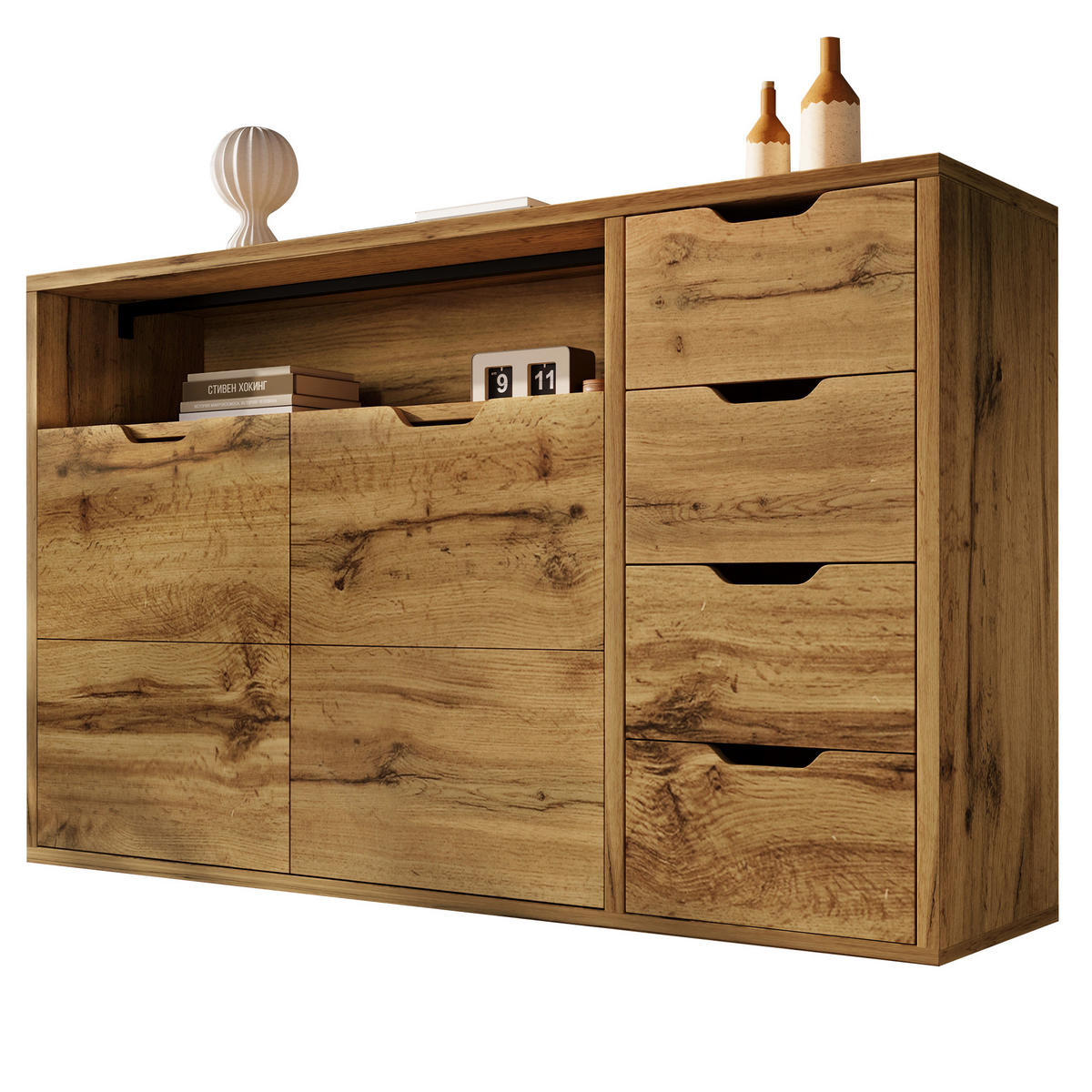 KOMMODE DE-37493 150/40/90 cm mit 4 Schubladen und 2 Türen Eiche - Eichefarben, Holzwerkstoff (150/90/40cm) - ComfortXL