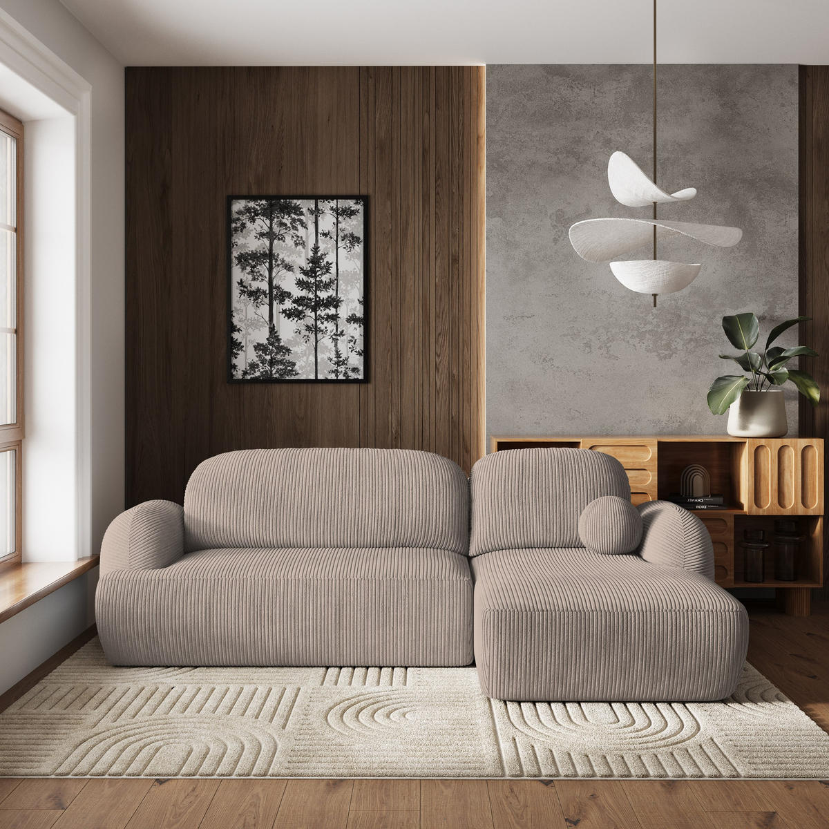 ECKSOFA MODENZA P R-S Beige Kordstoff mit Schlaffunktion - Beige/Schwarz, Holz/Kunststoff (266/148cm) - MASSENO