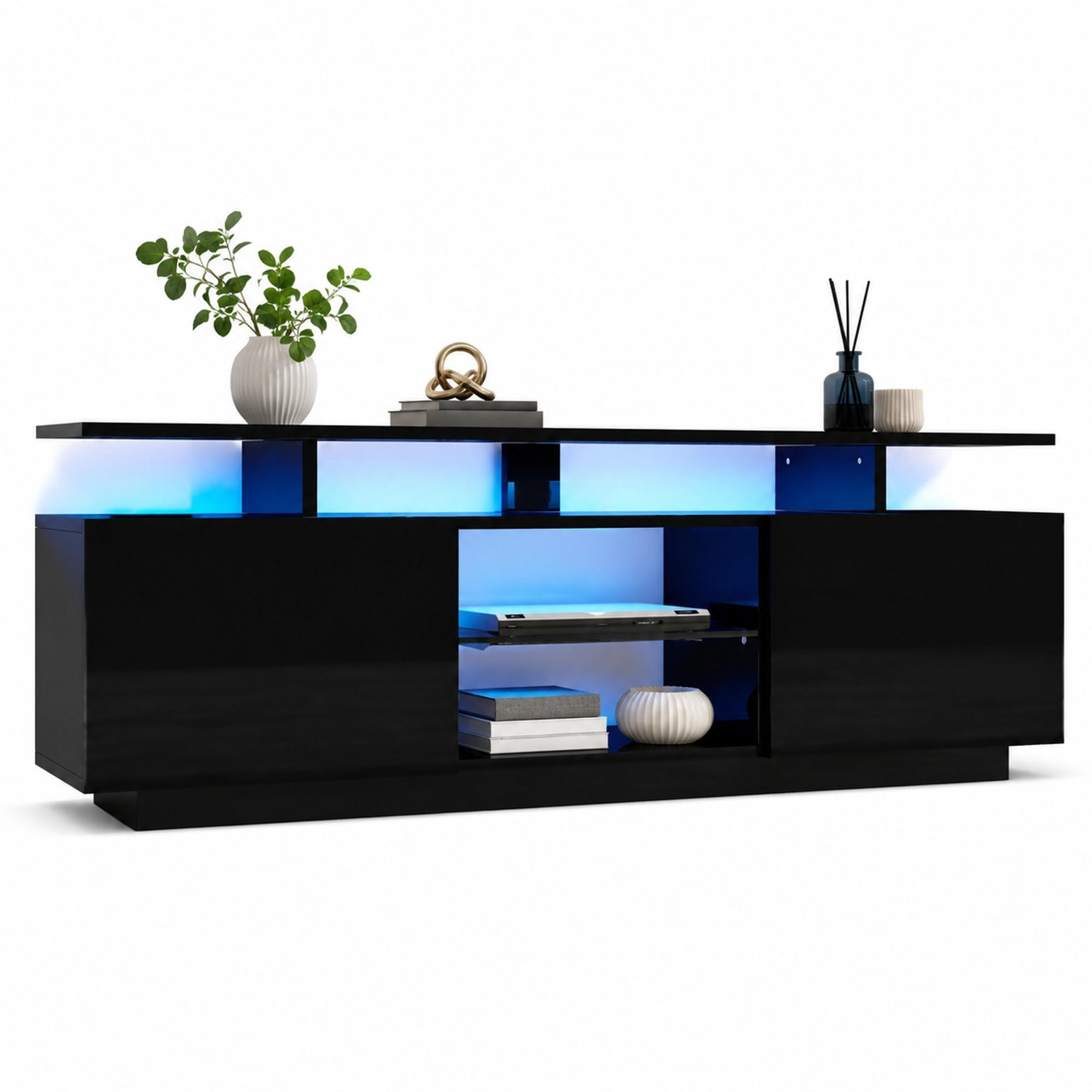 TV-LOWBOARD aus Spanplatte 140x35x55 cm Schwarz mit LED-Beleuchtung, 2 Hochglanztüren und 5 offenen Fächern - Schwarz, Holzwerkstoff (140/55/35cm) - IVMEU