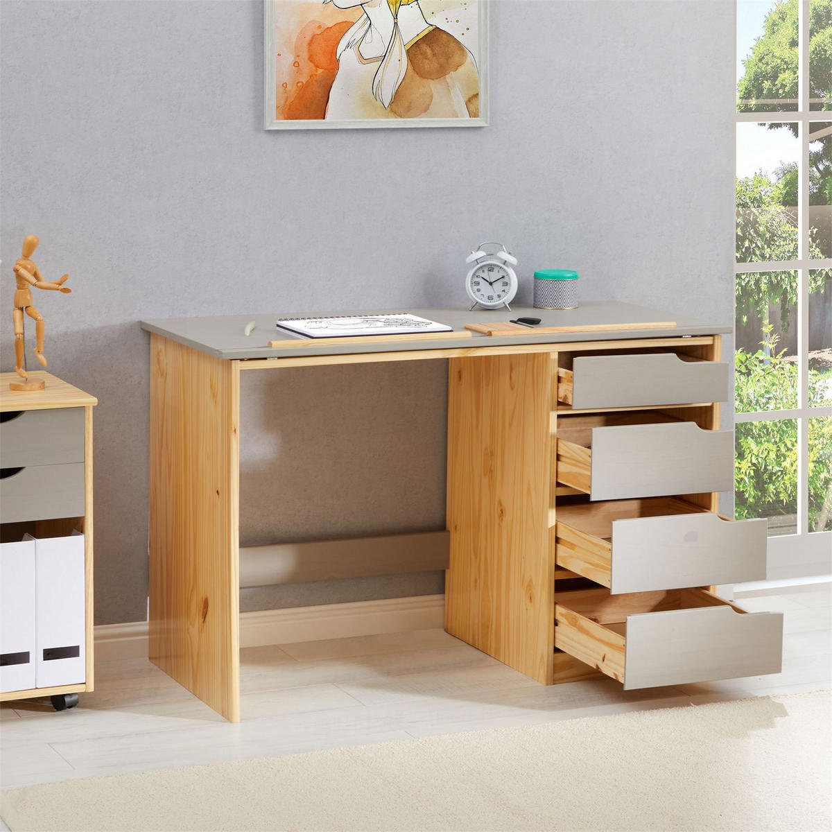 KINDERSCHREIBTISCH EMMA - Naturfarben/Grau, Holz (114/76/55cm) - IDIMEX