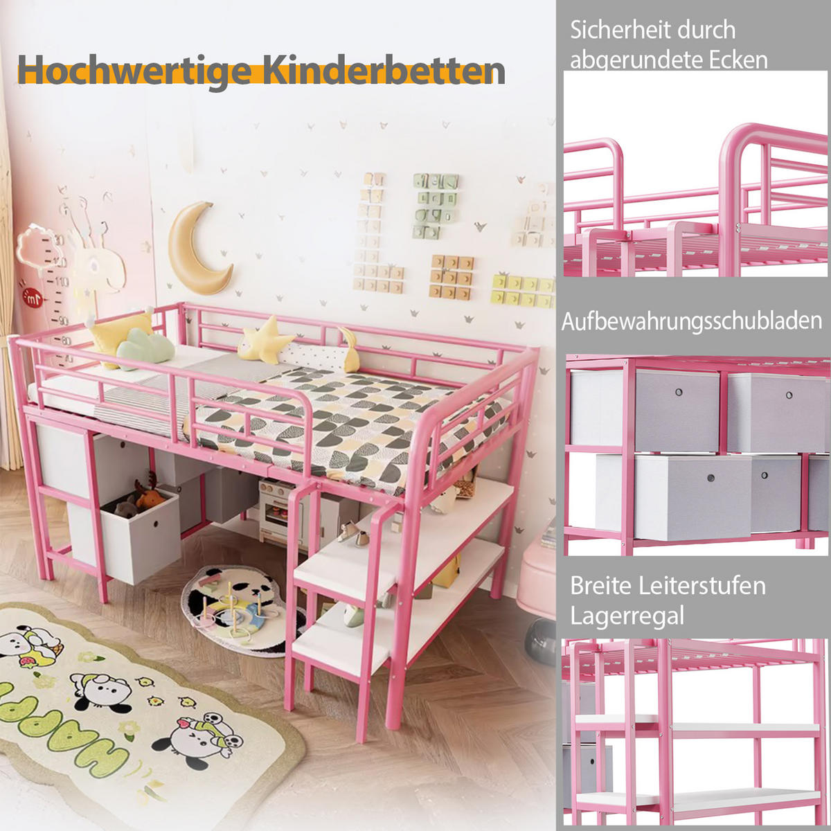 HOCHBETT 90/200 cm in Rosa mit Schubladen, Regalen und breiter Treppe - Rosa, Holzwerkstoff/Metall (90/200cm) - CHICFURN
