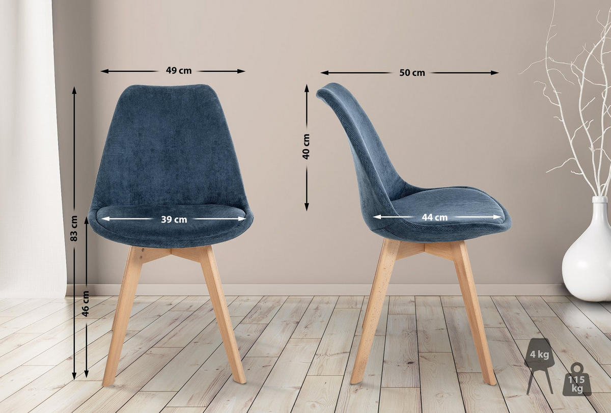 STUHL Cord dunkelblau - Eukalyptusholzfarben/Dunkelblau, Holz/Textil (49/83/50cm) - CLP