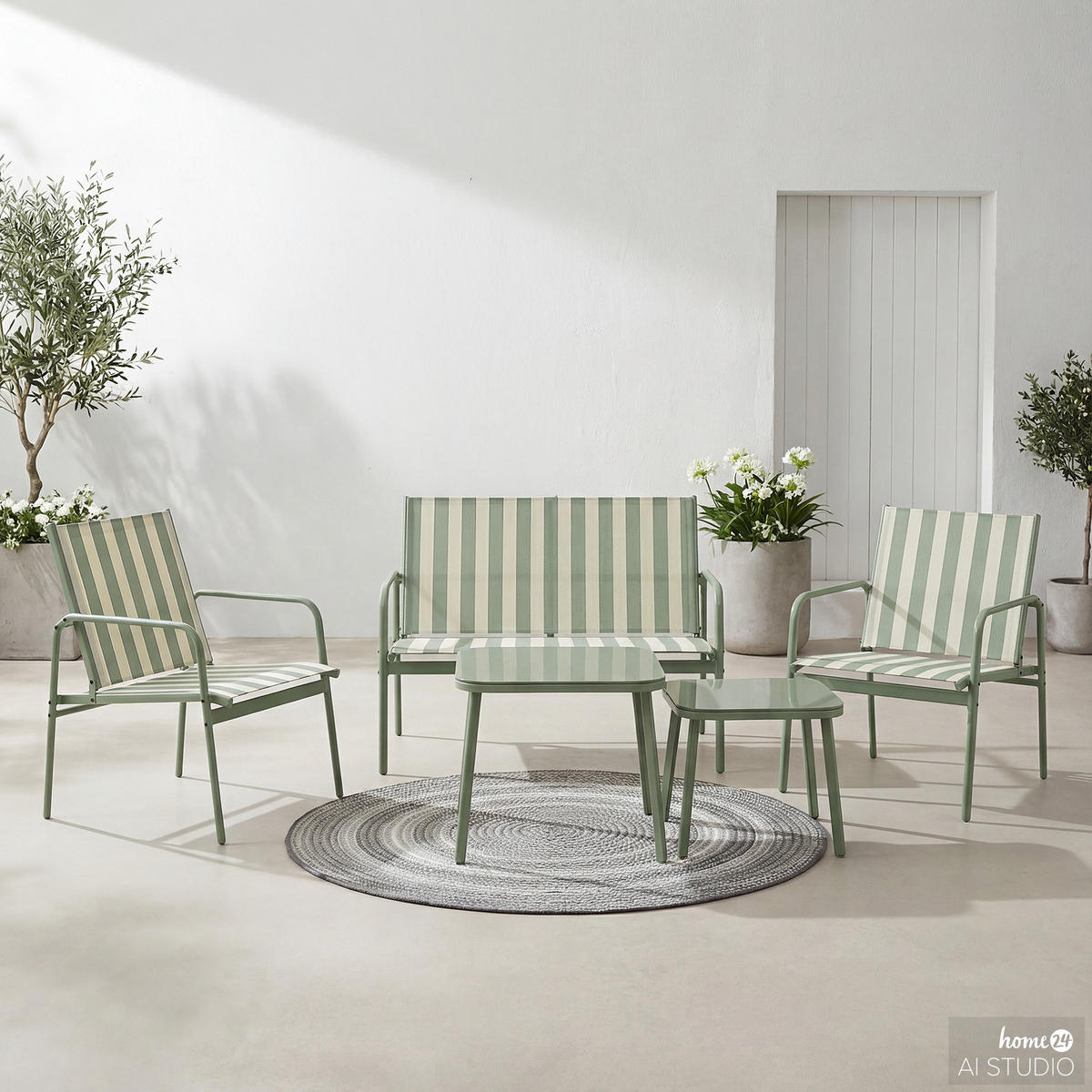 SITZGRUPPE - 5-teilig - Stahl - Weiß/Grün, Glas/Textil - home24