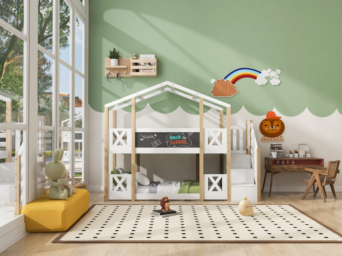 ETAGENBETT mit Treppe und Stauraum 90x200 cm Weiß/Natur - Weiß, Holzwerkstoff (90/200cm) - Beauniv