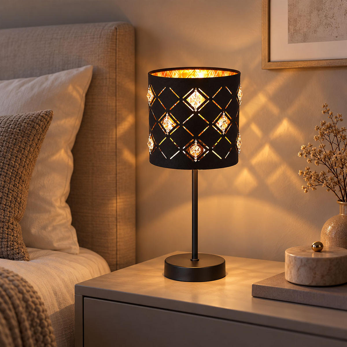 TISCHLEUCHTE Metall Schwarz Gold Kristalloptik - Schwarz, Metall (15/15/35cm) - Globo Lighting