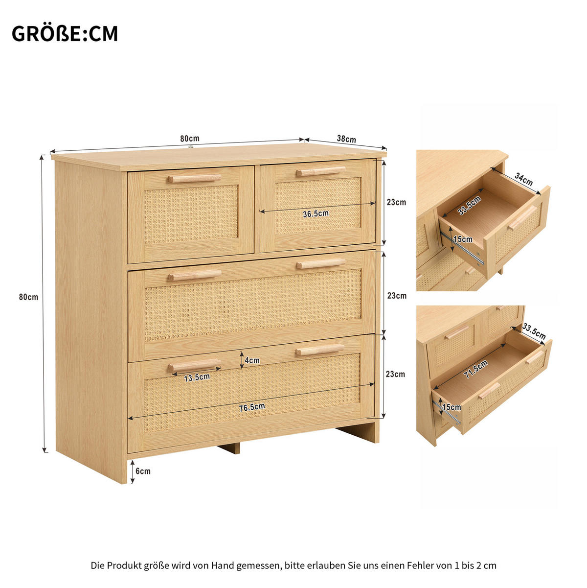 KOMMODE 80/38/80 cm mit 4 Schubladen und Rattanfronten - Naturfarben, Holzwerkstoff (38/80/80cm) - BEAOK