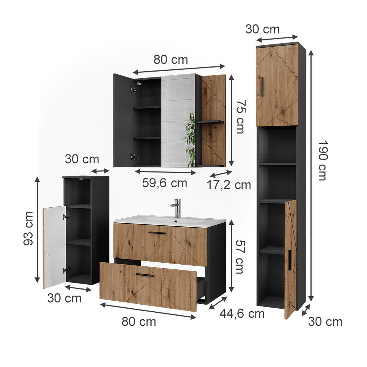 BADMÖBEL-SET Irma Anthrazit/Artisan 5 Teile - Anthrazit/Hellgrau, Holzwerkstoff (80/57/44.6cm) - Vicco