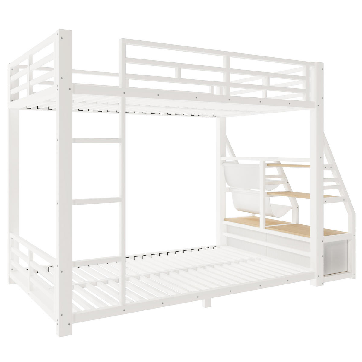 ETAGENBETT mit LED-Beleuchtung 90x200 cm Weiß mit 2 Stoffschubladen - Weiß, Metall (90/200cm) - Meubliv