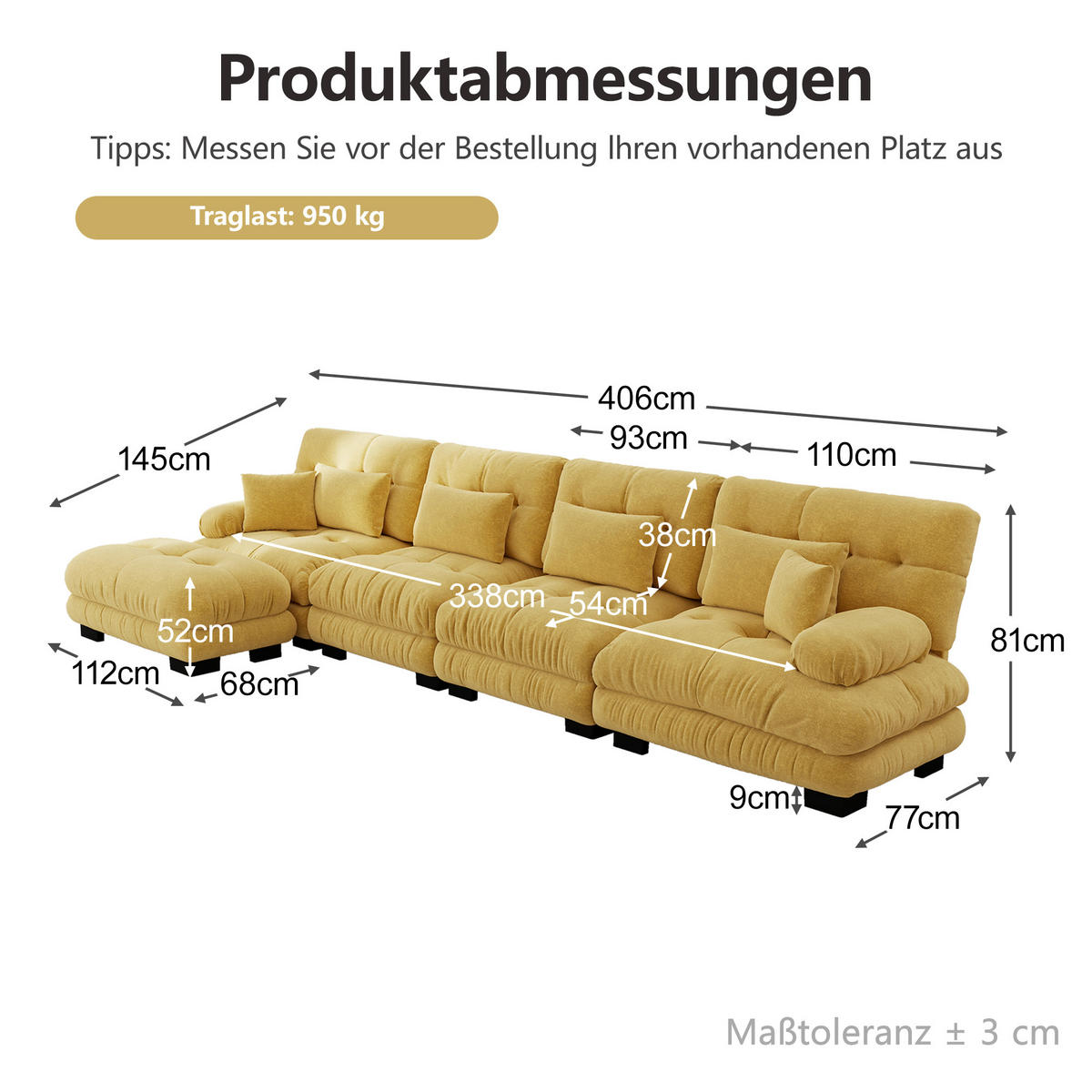 ECKSOFA 406/145/81 cm Gelb mit beweglichem Ottoman - Gelb, Textil (406/145cm) - Oxeza