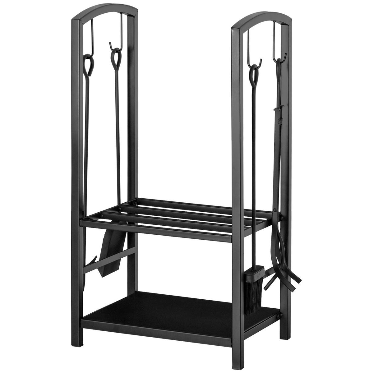 KAMINHOLZSTÄNDER DE-10319 2 Etagen mit Kaminbesteck Schwarz - Schwarz, Metall (30/74.5/40cm) - ComfortXL