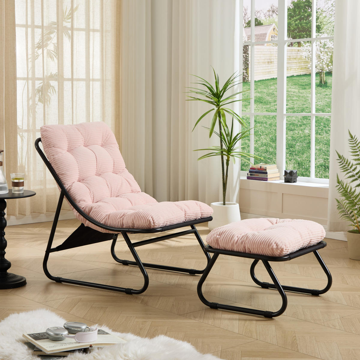 SCHAUKELSTUHL mit Dickem Kissen und Hocker Metallrahmen,für Garten Balkon Wohnzimmer Rosa - Pink, Metall (65/86/78cm) - PARAFTA HOME