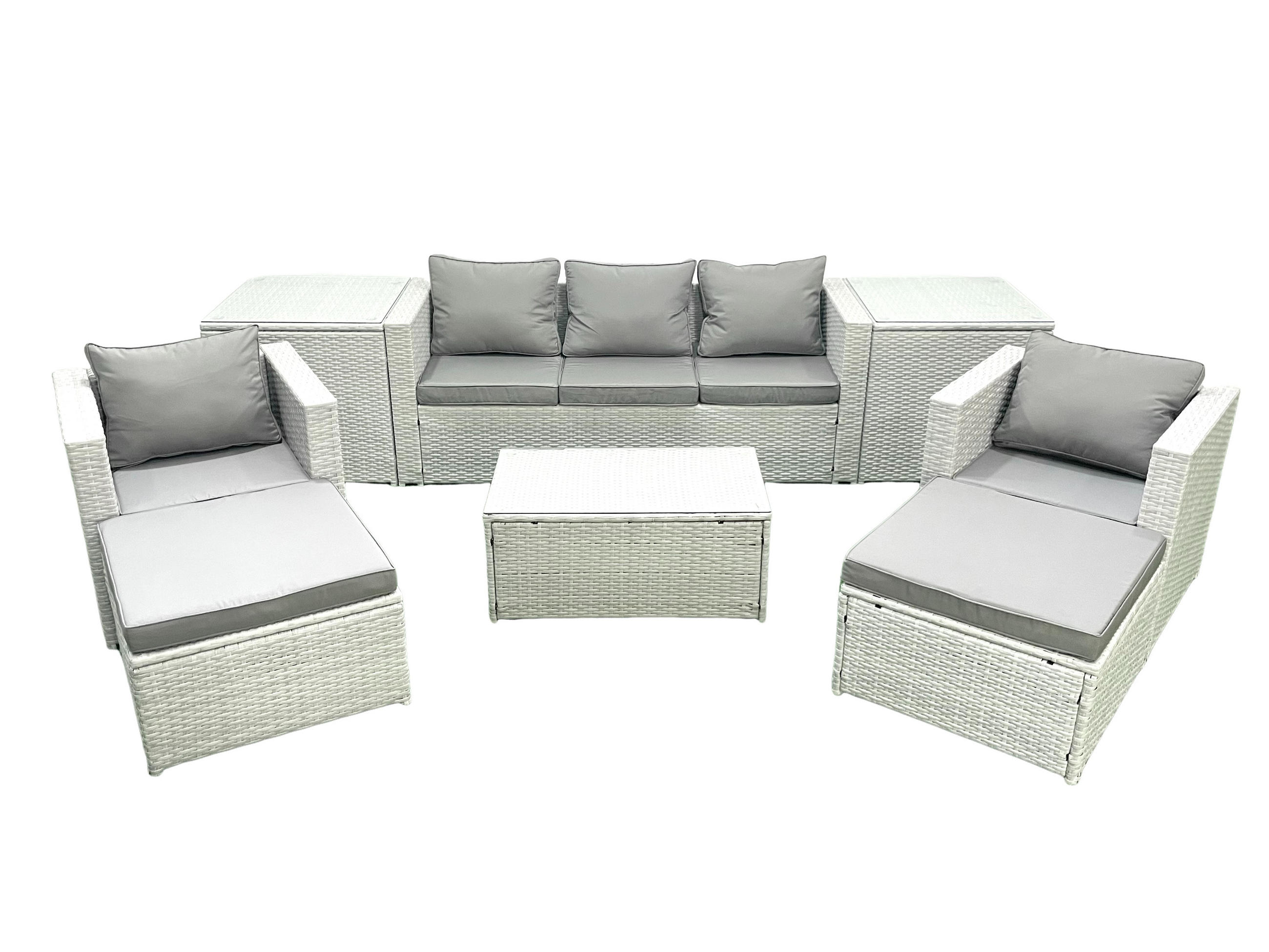 GARTENMÖBELSET mit 3-SITZER SOFA,COUCHTISCH Polyrattan Hellgrau-Mix 7-Sitzer - Hellgrau/Grau, Glas/Kunststoff - Fimous