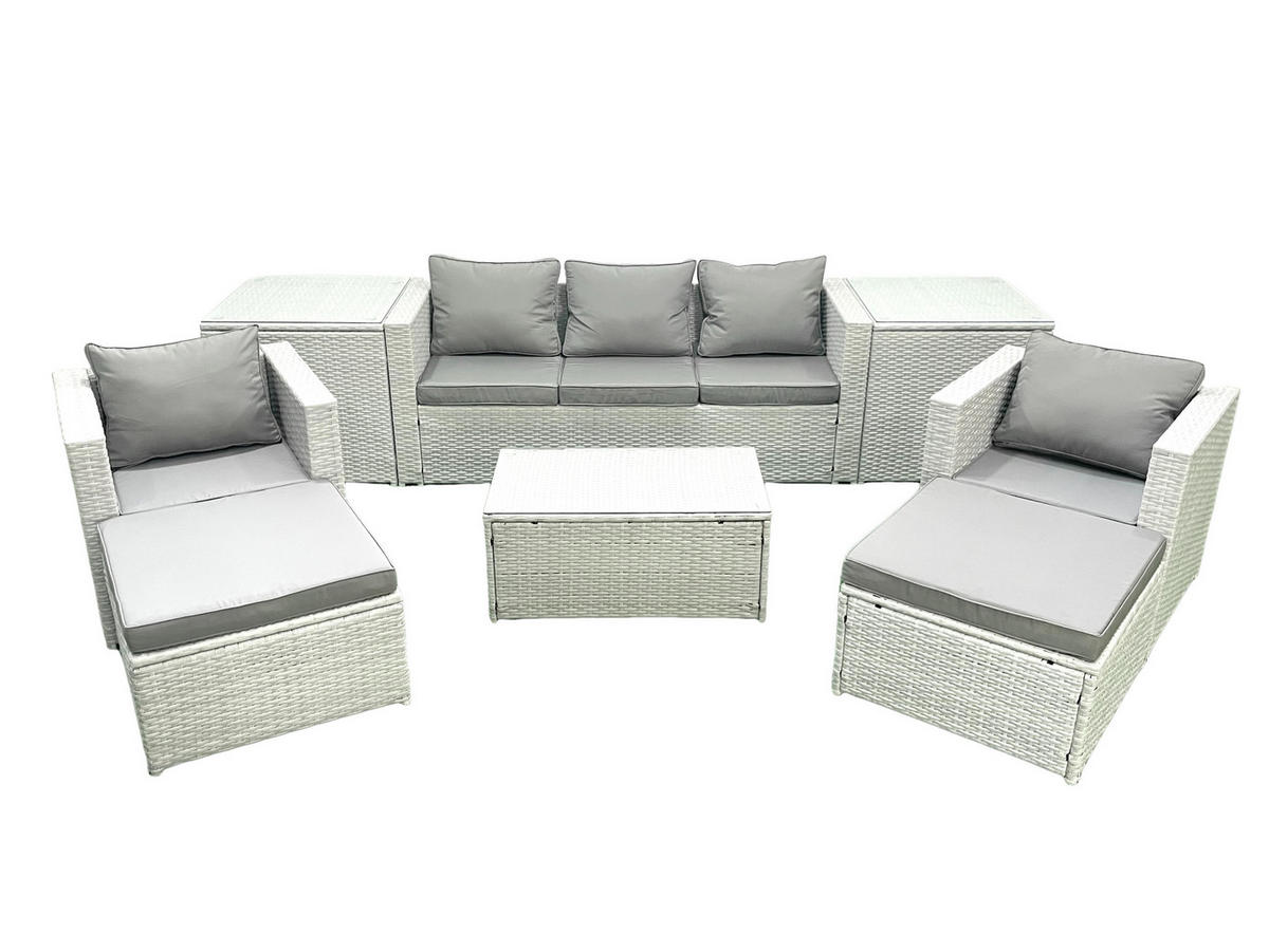 GARTENMÖBELSET mit 3-SITZER SOFA,COUCHTISCH Polyrattan Hellgrau-Mix 7-Sitzer - Hellgrau/Grau, Glas/Kunststoff - Fimous