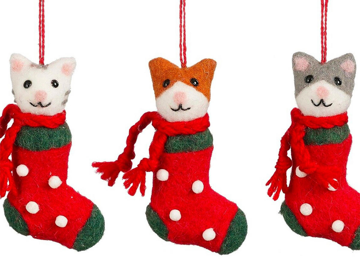 CHRISTBAUMKUGEL-SET 3 Ornamenten: Katzen im Weihnachtsmannstrumpf 13 cm - Rot/Weiß, Textil (20/20/20cm) - LAALU