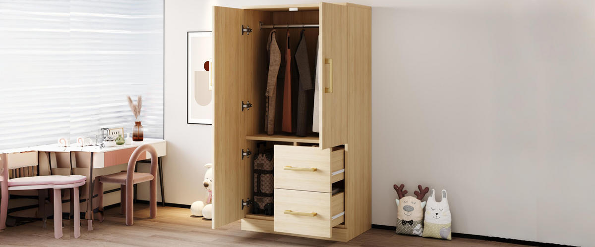 KLEIDERSCHRANK 70/135/40 cm in Holzfarbe aus Holz mit 2 Schubladen - Naturfarben, Holz (40/135/70cm) - OKMYHOME