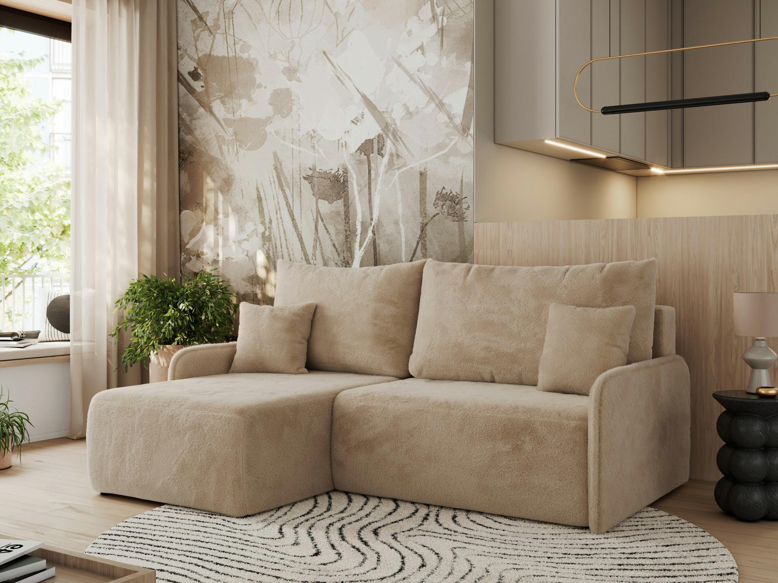 ECKSCHLAFSOFA ARPA L Beige Plüsch - links - Beige/Schwarz, Kunststoff/Textil (198/150cm) - MKS