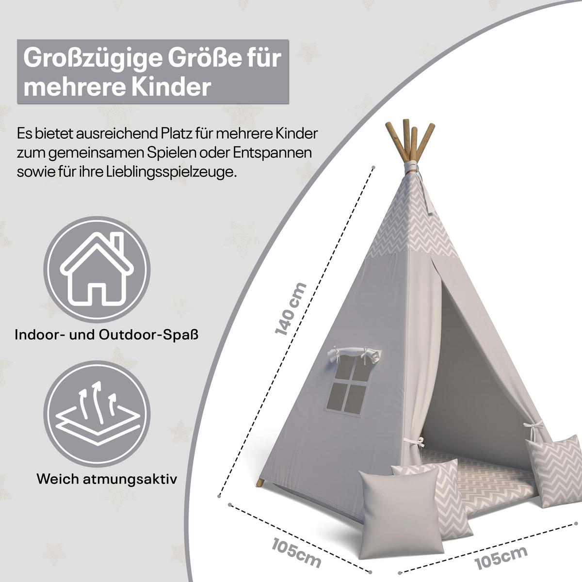 TIPI-ZELT 105 x 105 x 140 cm Zickzack grau mit weichen Kissen | Spielzelt für Kinderzimmer Indoor - Grau, Textil (105/105cm) - Best for Kids