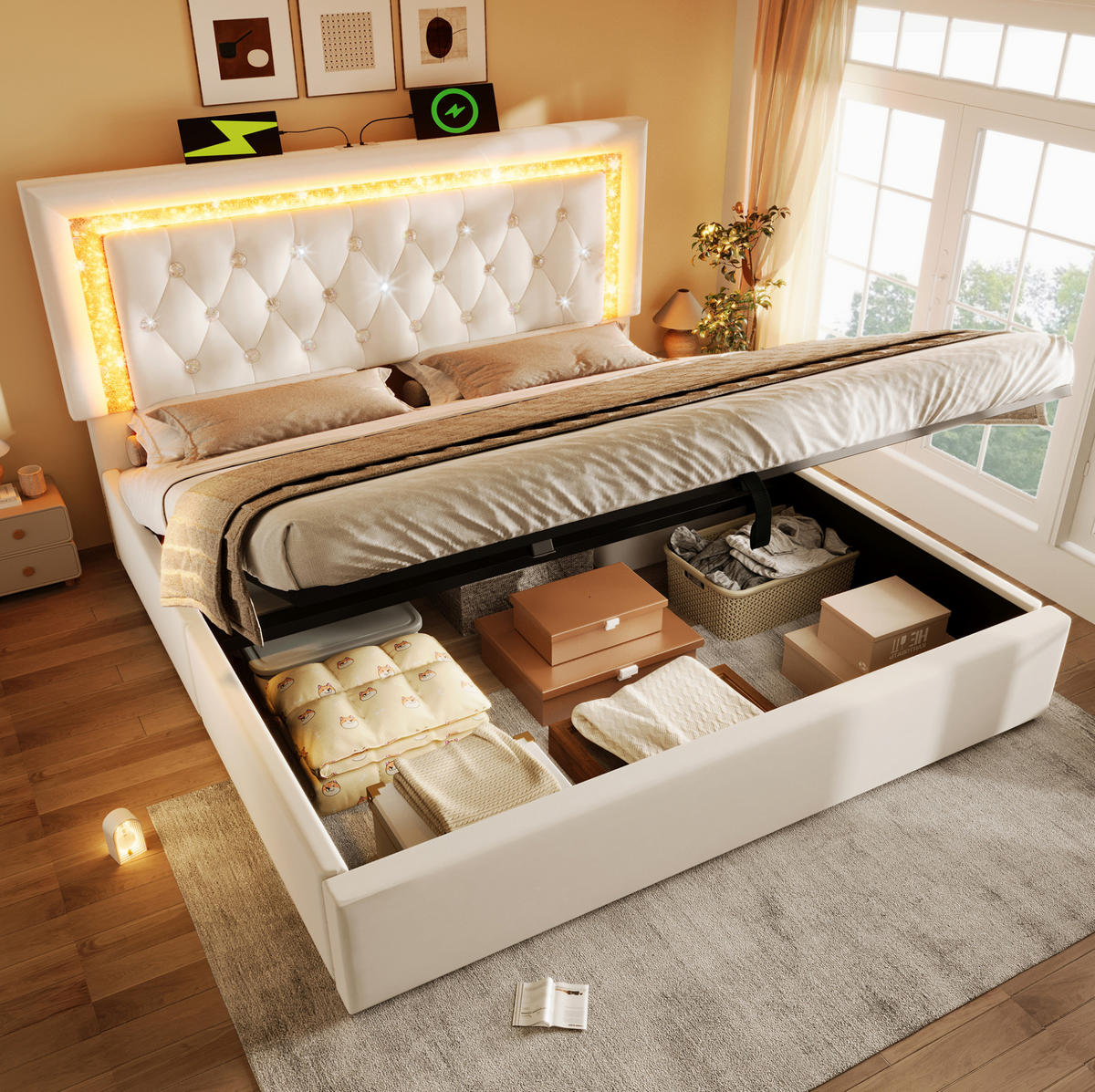 POLSTERBETT aus Samt 160x200 cm in Beige mit LED & USB-C und Matratze - Beige, Textil (160/200cm) - Modfu