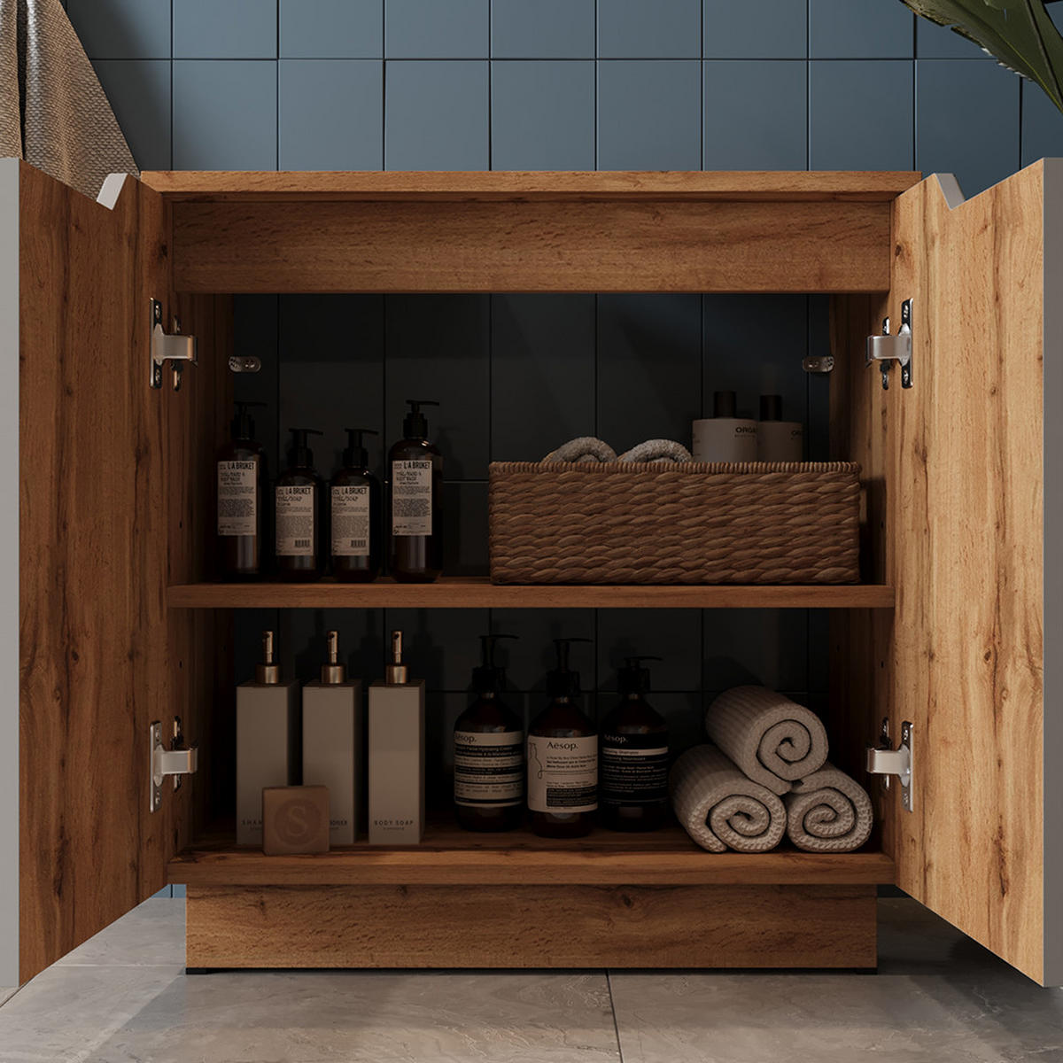 BADMÖBEL-SET Lotta Eiche/Grau mit Kachelstruktur 3 Teile - Grau, Holzwerkstoff (59.8/62.1/32cm) - Vicco