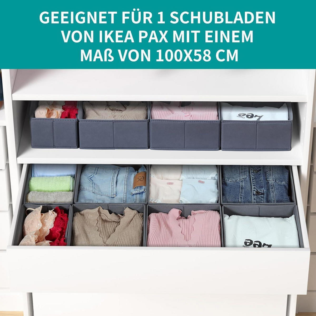 SCHUBLADEN Organizer 8er Set Grau für PAX Kleiderschrank 100x58 cm - Grau, Textil (24/11/26cm)