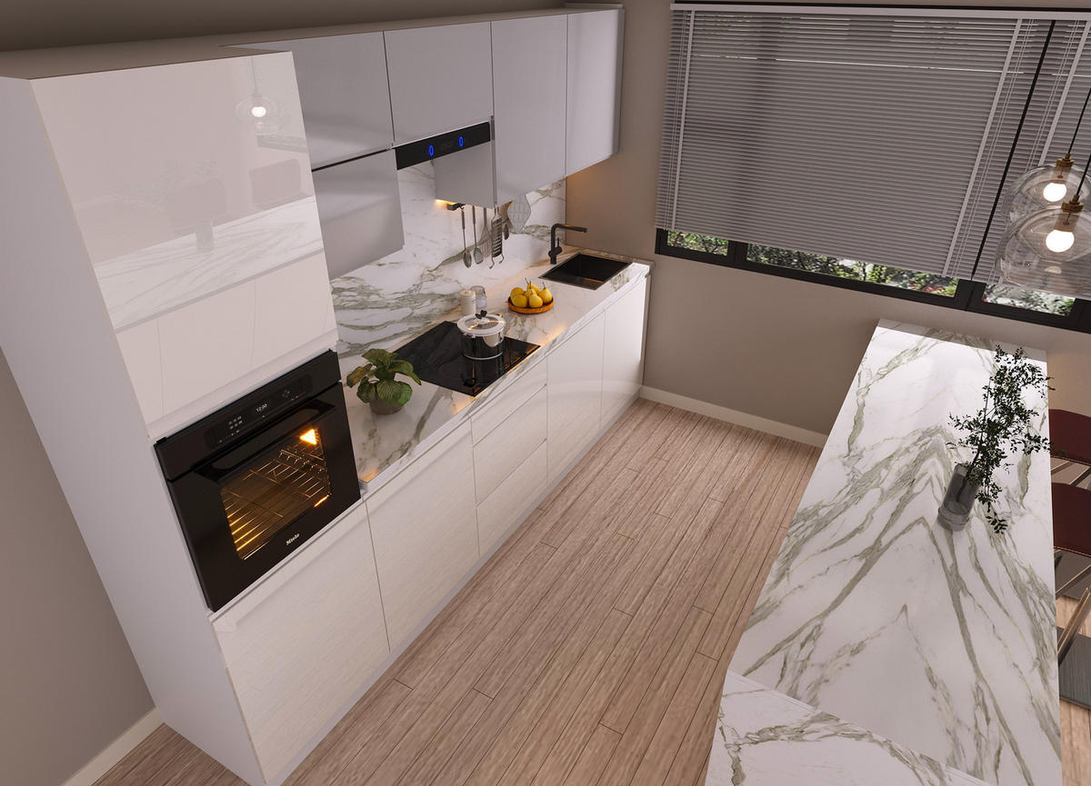 KÜCHENZEILE 300 cm Glanzia – KU-S02 – Weiß / Grau - Weiß Hochglanz/Grau, Holz/Holzwerkstoff (300/212/58cm)