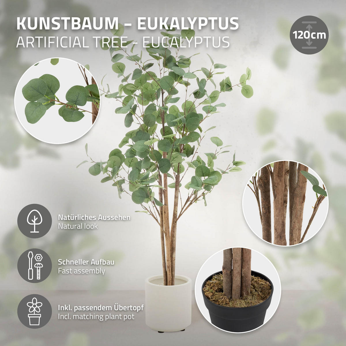 KUNSTPFLANZE Eukalyptus - Anthrazit/Grün, Holz/Kunststoff (120cm) - ML-DESIGN