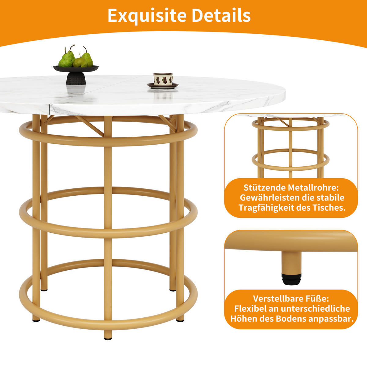 ESSTISCH, MDF in Marmoroptik & Metallgestell, 100/100/76 cm, Goldfarben - Goldfarben, Holzwerkstoff (100/100/76cm) - Redom
