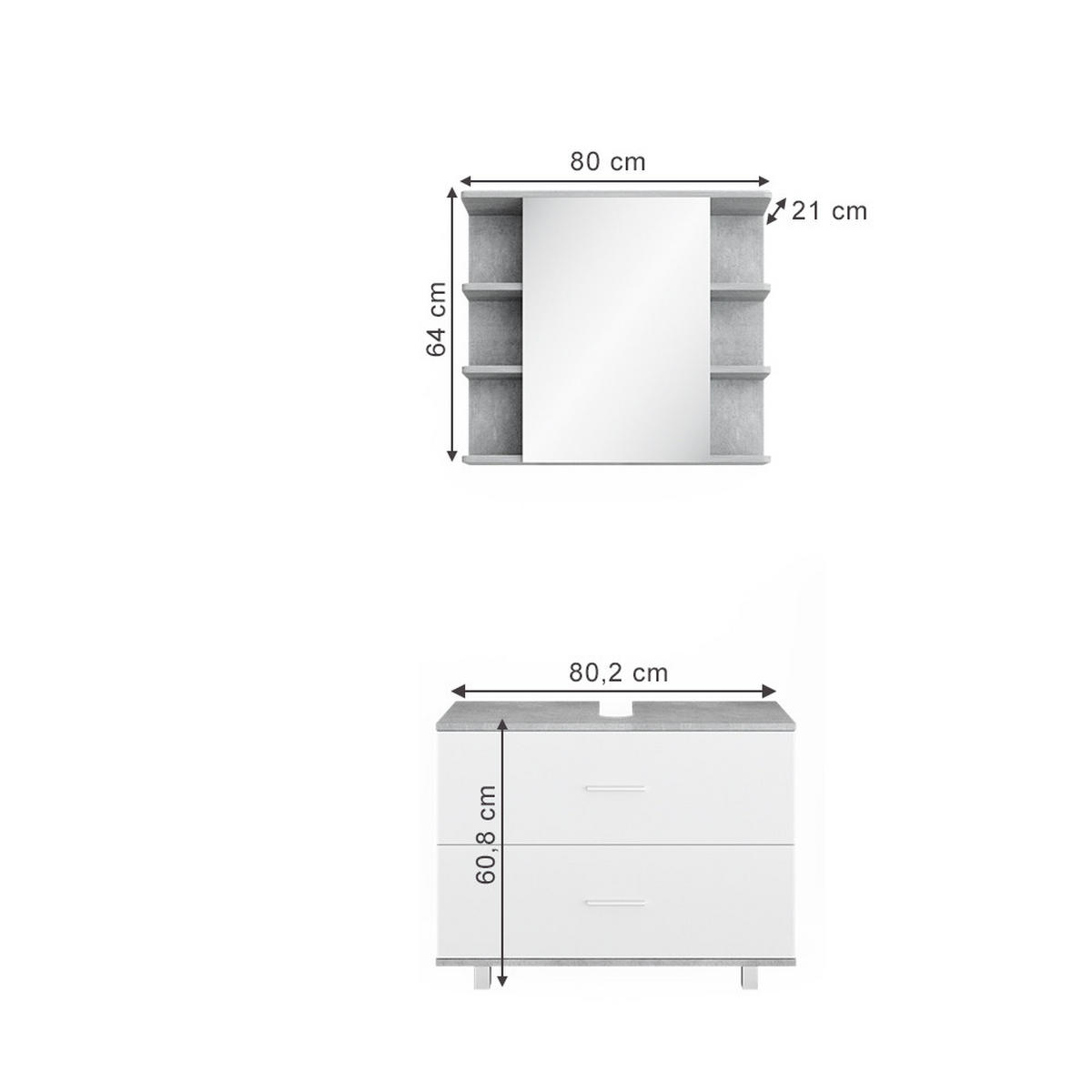 BADMÖBEL-SET Ilias Beton/Weiß 2 Teile, Unterschrank 80 cm - Weiß/Grau, Holzwerkstoff (80.2/60.8/33cm) - Vicco