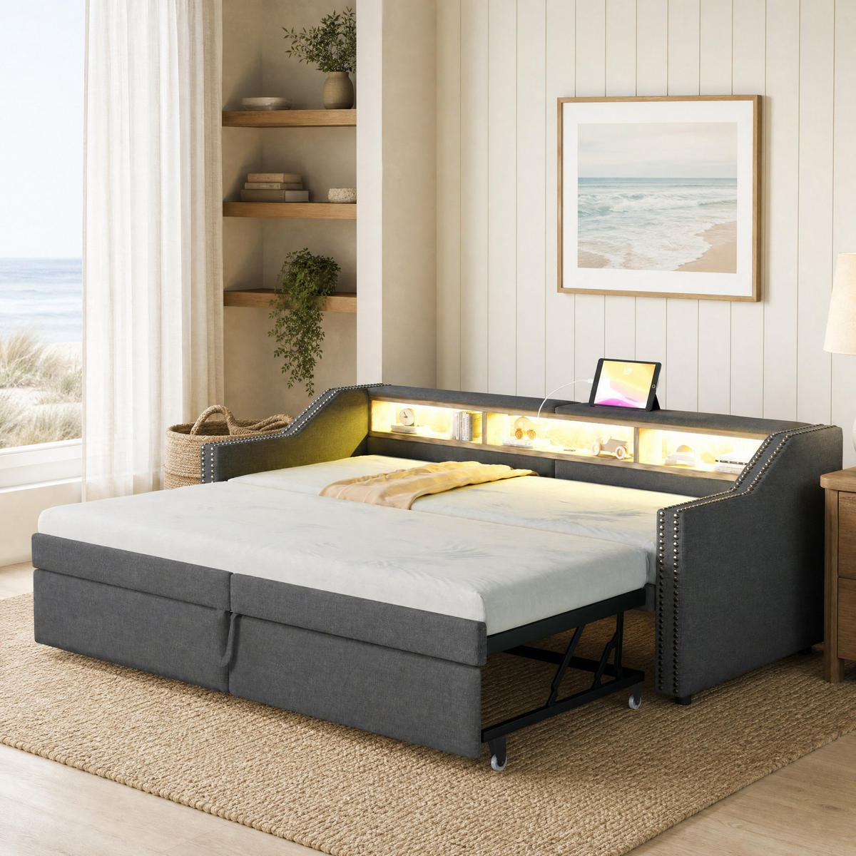 POLSTERBETT 90/200 mit Ausziehbett, USB und LED in Dunkelgrau - Dunkelgrau, Holzwerkstoff/Textil (90/200cm) - EVRYAE