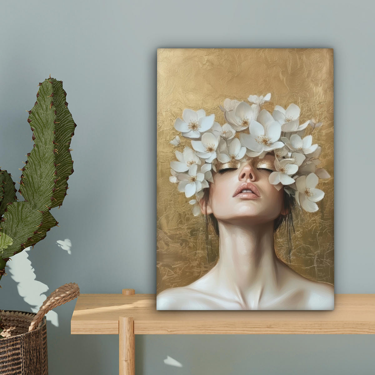 LEINWANDBILD Gesicht - Blumen - Gold - Abstrakt Deko Wohnzimmer 20x30 cm - Goldfarben, Textil (20/30cm) - MuchoWow