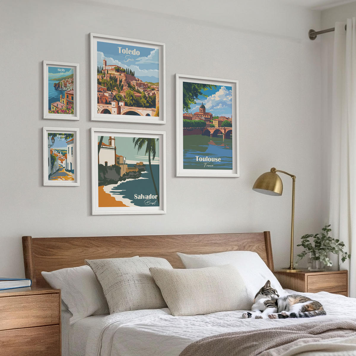 WANDBILDER 5er-Set - 50x50 cm & 20x30 cm & 40x60 cm Weißer Rahmen - Illustrationen zur Retro-Architektur der Berge - Weiß, Kunststoff (40/60cm) - ArtPrintCave