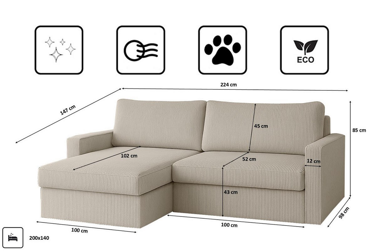 ECKSOFA Mit Schlaffunktion Und Bettzeugablage LUBEKA Stoff Poso Beige Links - Beige, Holz/Textil (140/147cm) - Kaiser Möbel