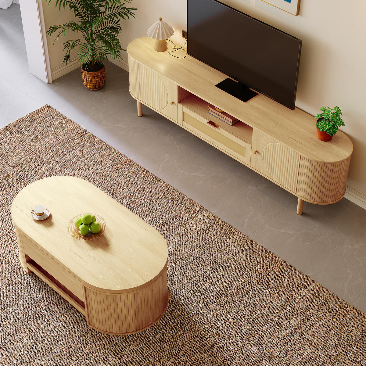 WOHNZIMMERSET Couchtisch TV-SCHRANK - Naturfarben, Holzwerkstoff (175/51/36cm)
