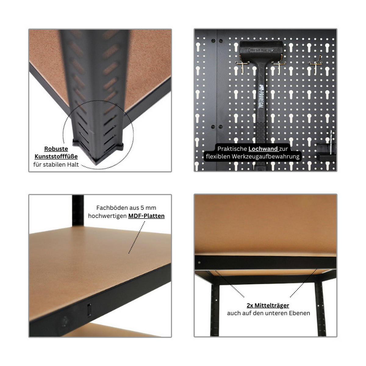 WERKBANK Giant Beast 3er-Set mit Lochwand180x120x60cm Fachlast 175kg inkl. Werkzeughalter Set Schwarz - Schwarz, Metall (240/180/60cm) - PROREGAL