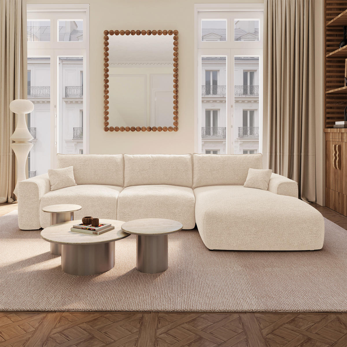 ECKSOFA rechtwinklig COMO Bouclé-Stoff Creme 297cm - Creme, Textil (297/167cm) - Premium Interiors