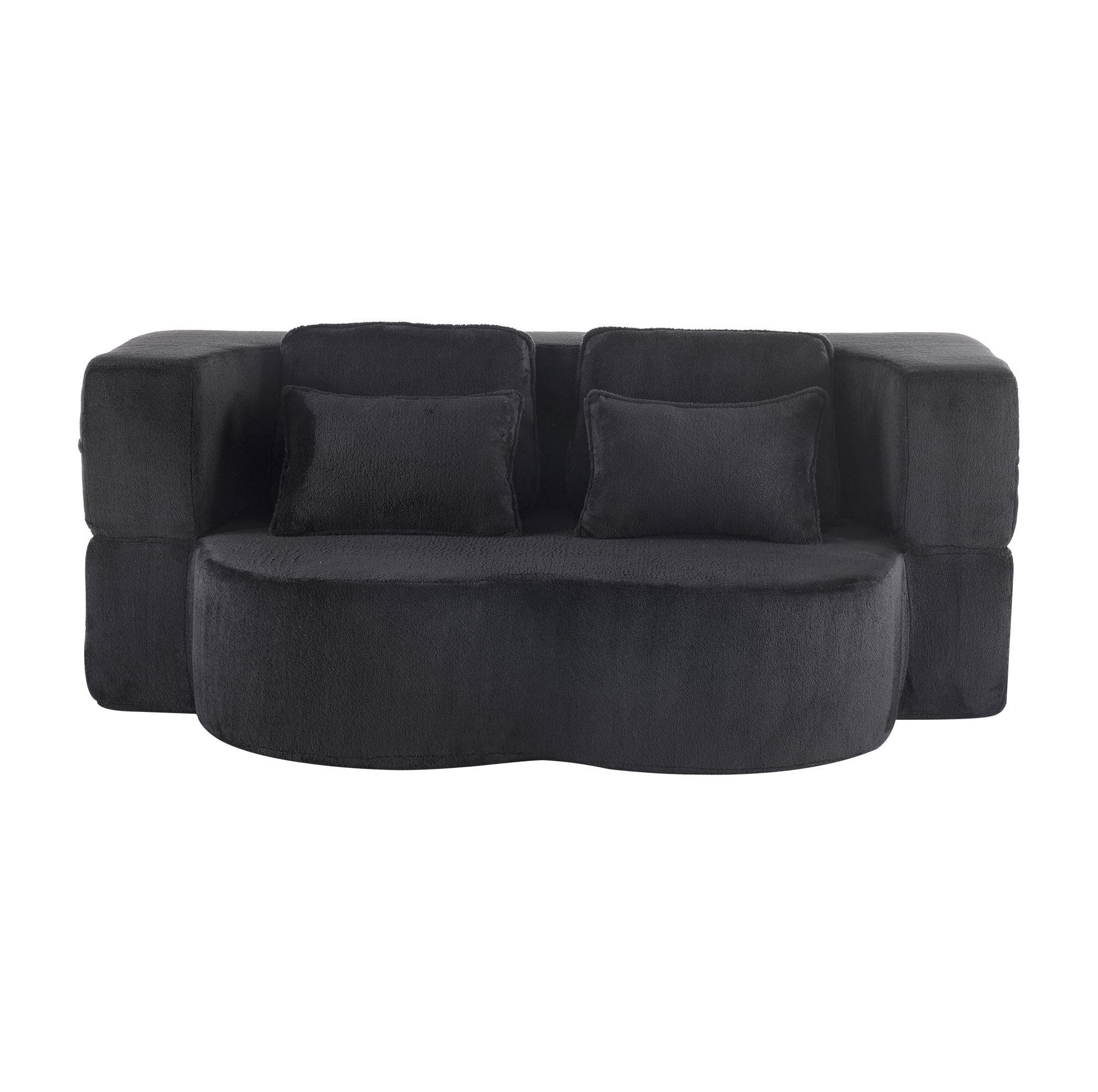 BODENSCHLAFSOFA mit Schlaffunktion, 4 Kissen und ergonomischer Polsterung, Schwarz - Schwarz, Textil (198/76/60cm) - Redom